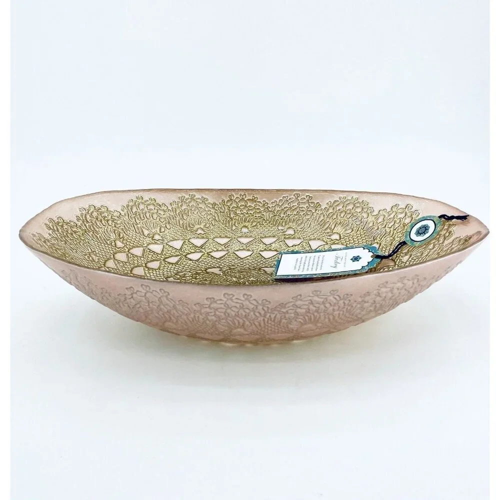 Turkish Glass Pink Oval Bowl Serving Salad Dinner Gold Lace Print Handmade NWT